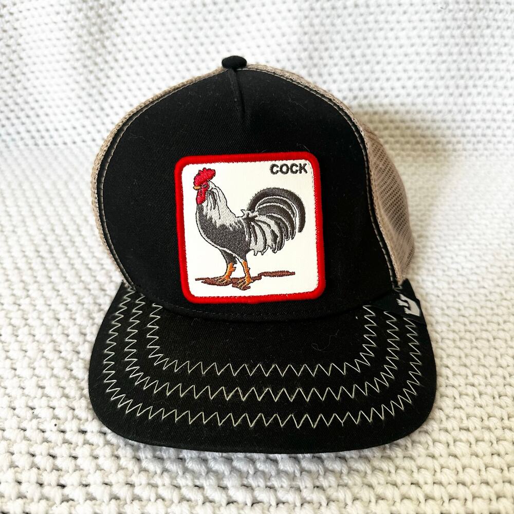 Goorin Bros The Farm Animal Trucker Hat Black Beige Mesh C ock Rooster Snapback
